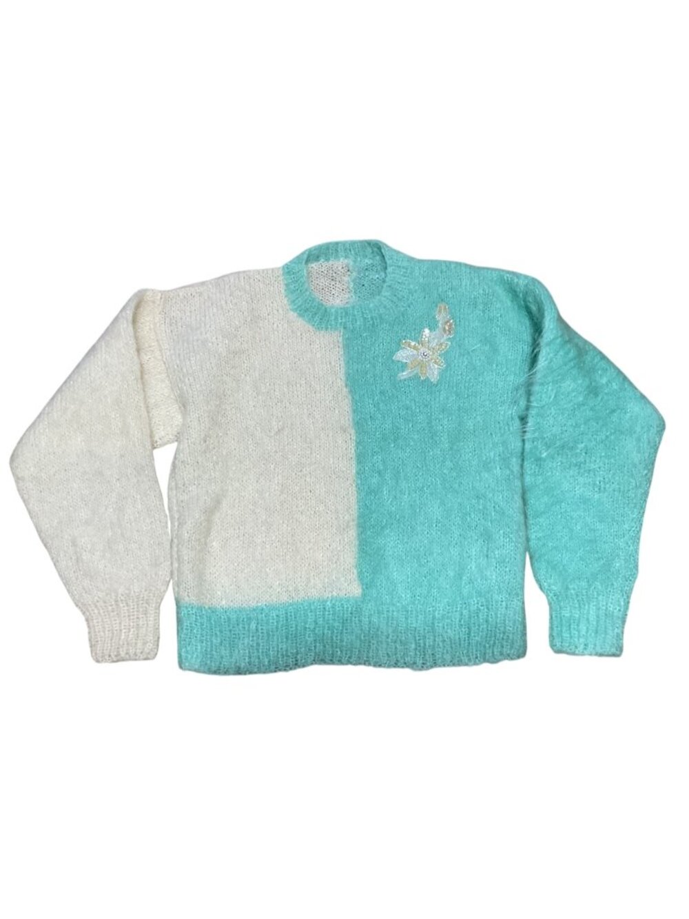 Handmade Mohair Blend Sweater Size M Sequin Flower Embellishment Green Cream
